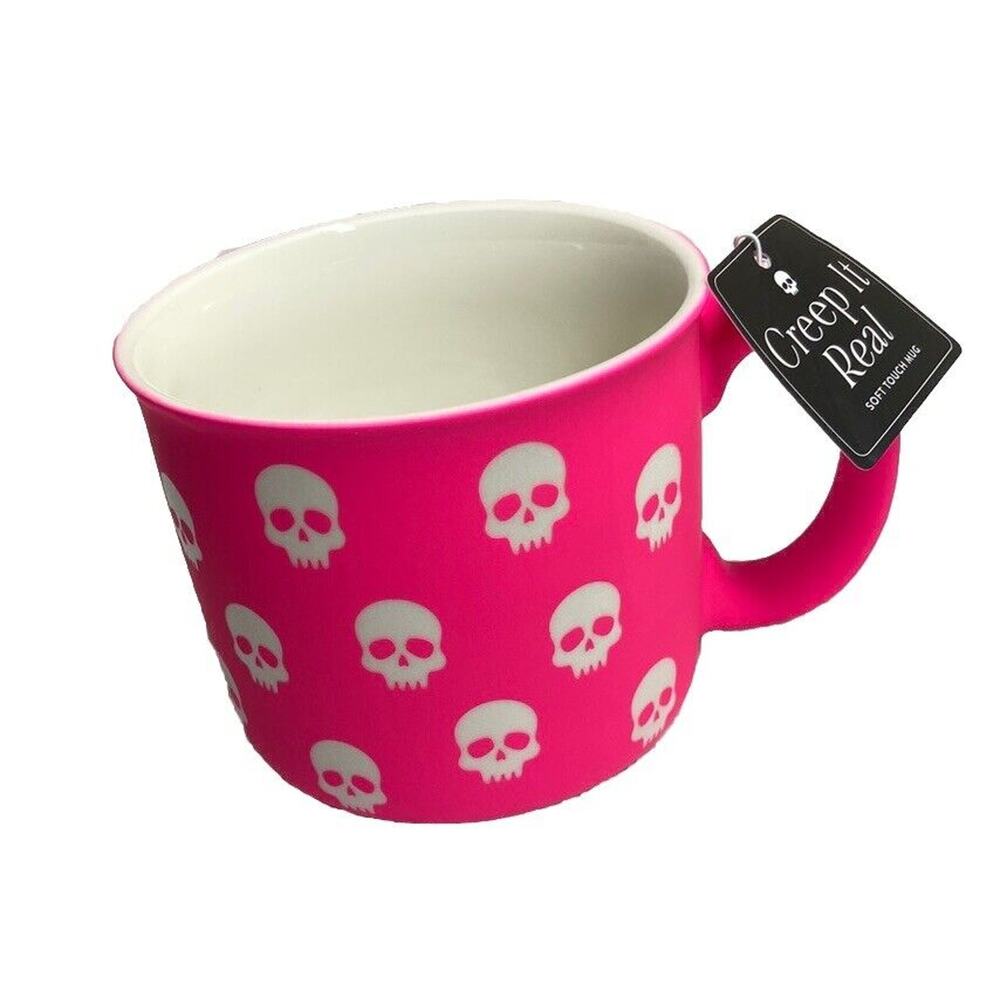 Eccolo White SKULLS on Soft Touch Matt Pink Ceramic Mug Cup Halloween Spooky